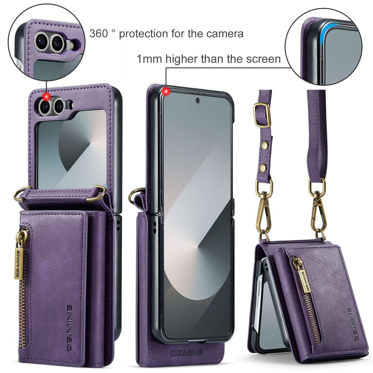 For Samsung Galaxy Z Flip6 DG.MING M5 Series Zip RFID Multi Card Detachable Leather Phone Case