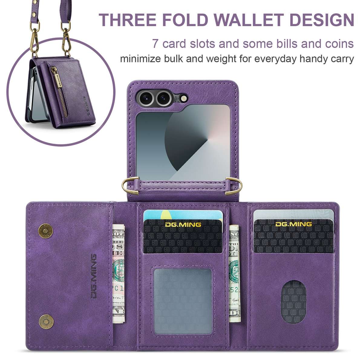 For Samsung Galaxy Z Flip6 DG.MING M5 Series Zip RFID Multi Card Detachable Leather Phone Case