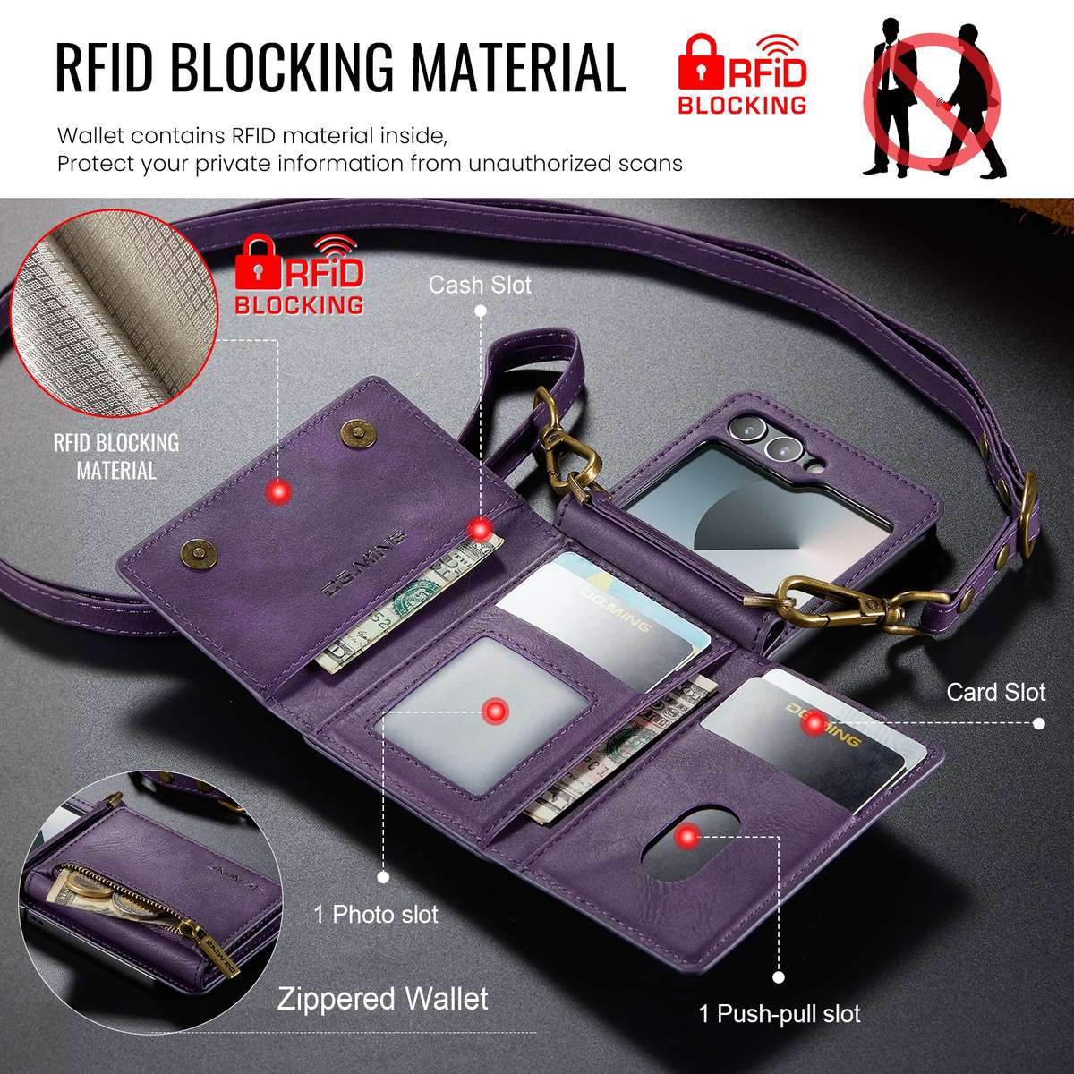 For Samsung Galaxy Z Flip6 DG.MING M5 Series Zip RFID Multi Card Detachable Leather Phone Case
