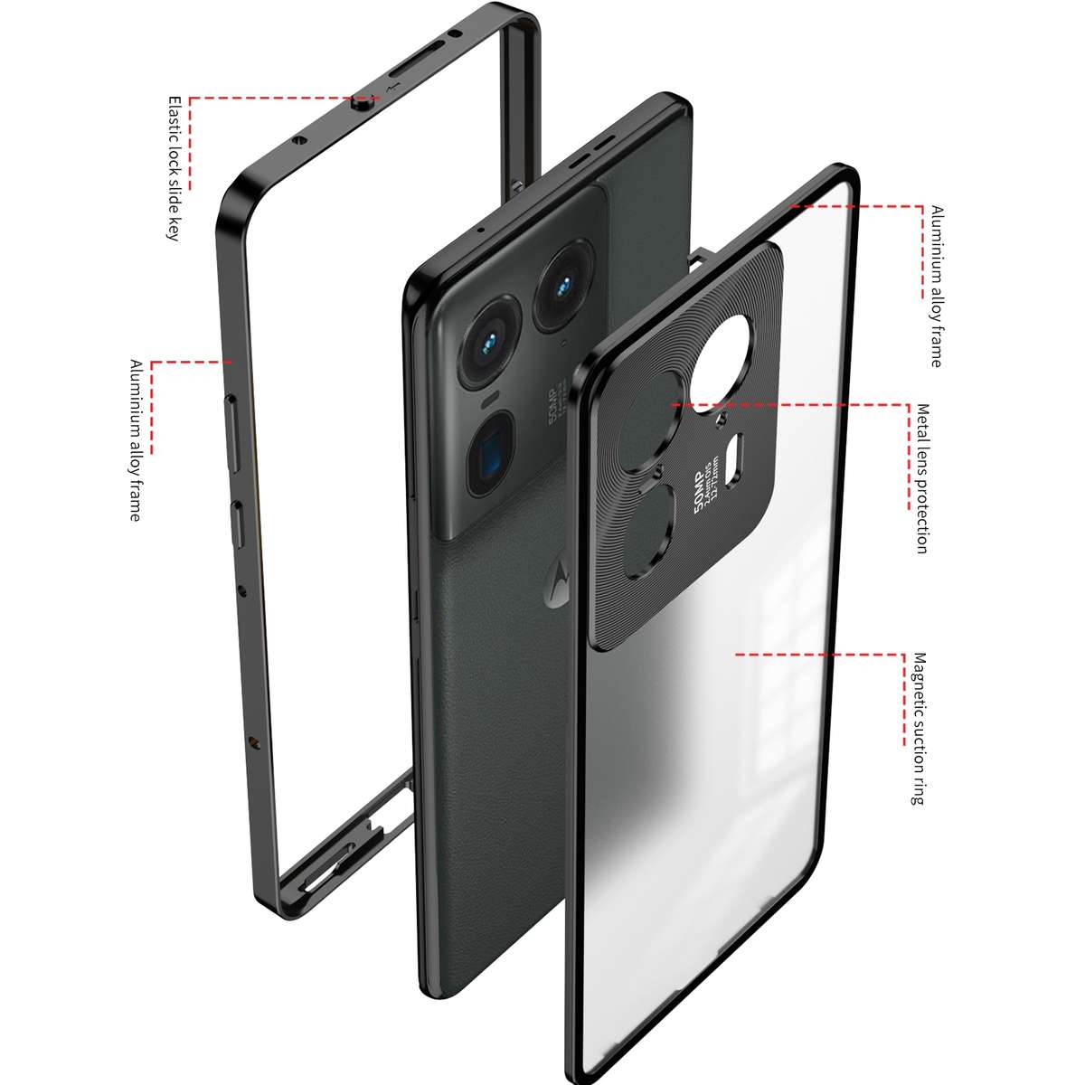 For Motorola Moto X40 Snap Buckle Metal Frame Frosted Phone Case(Black)