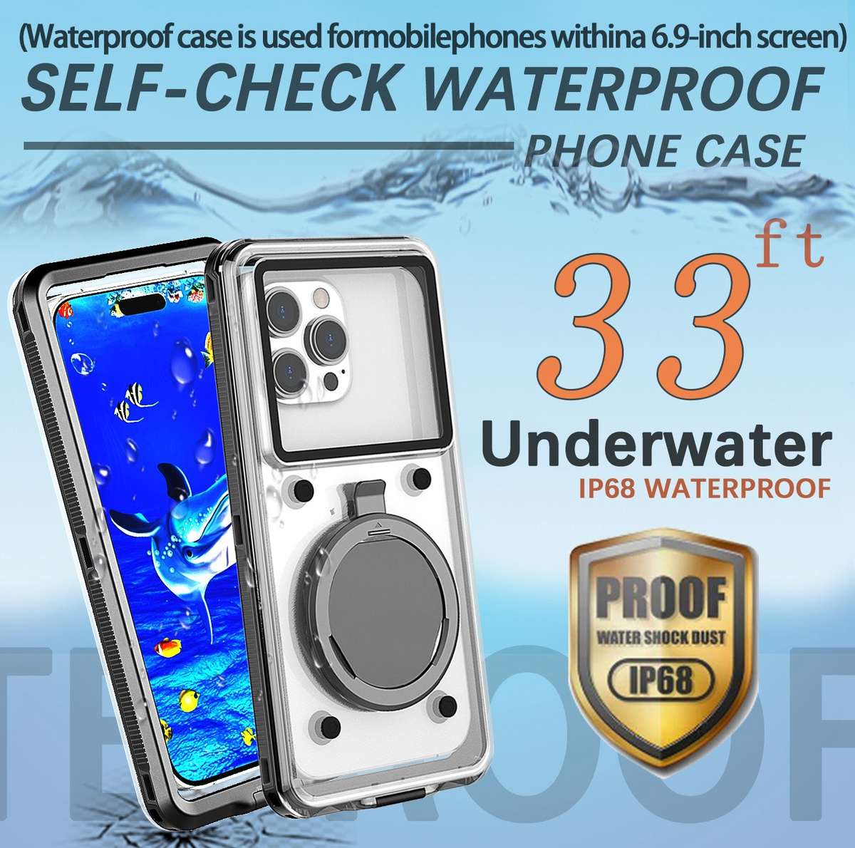 33ft 10m Underwater IP68 Waterproof Phone Case For Under 6.6 inch Phones(Black)