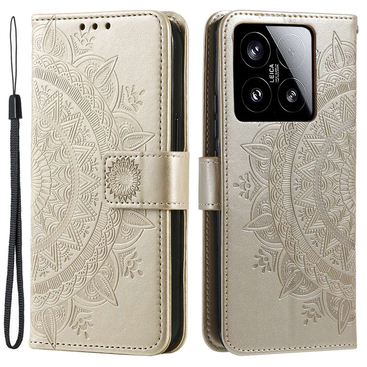 For Xiaomi 15 Totem Flower Embossed Leather Phone Case with Lanyard(Gold)