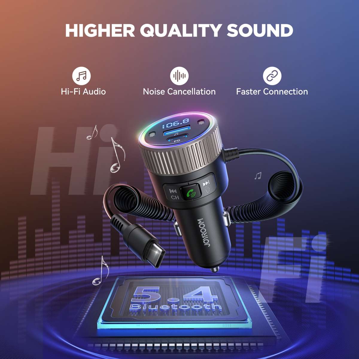 JOYROOM JR-CCB02 Car Bluetooth 5.4 Wireless Transmitter MP3 Player(Black)