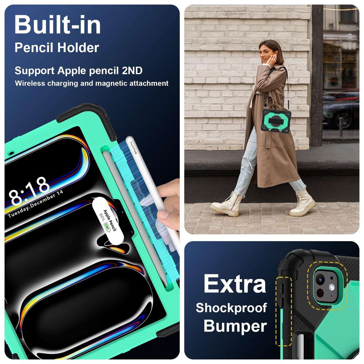 For iPad Pro 11 2025 / 2024 Contrast Color Robot Silicone Hybrid PC Tablet Case(Black Mint Green)