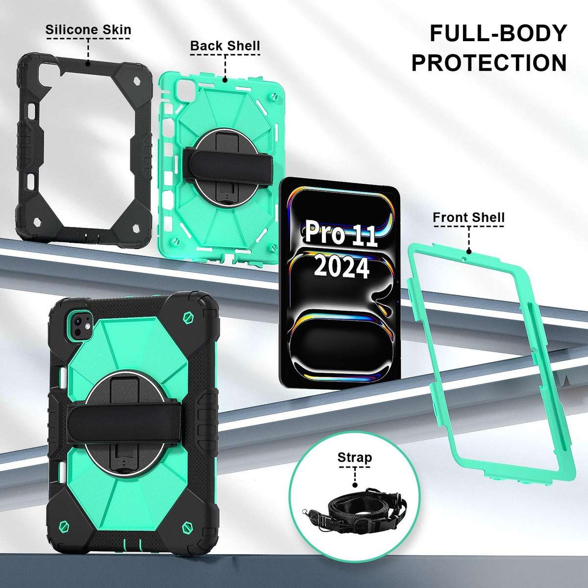 For iPad Pro 11 2025 / 2024 Contrast Color Robot Silicone Hybrid PC Tablet Case(Black Mint Green)