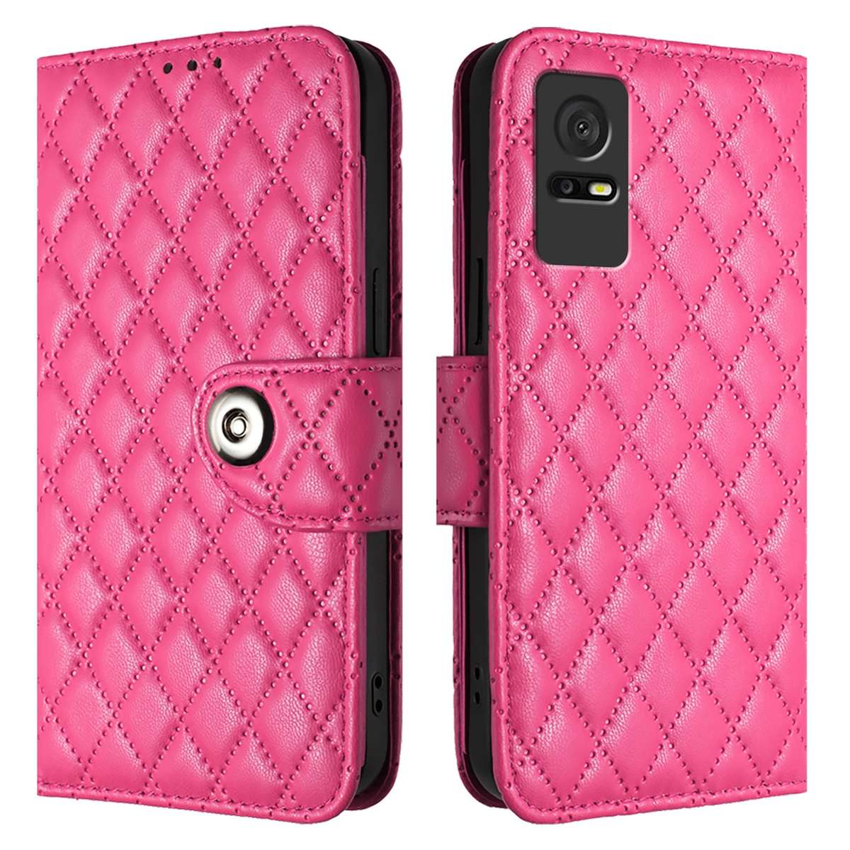 For TCL 405 / 406 / 408 Rhombic Texture Flip Leather Phone Case with Lanyard(Rose Red)