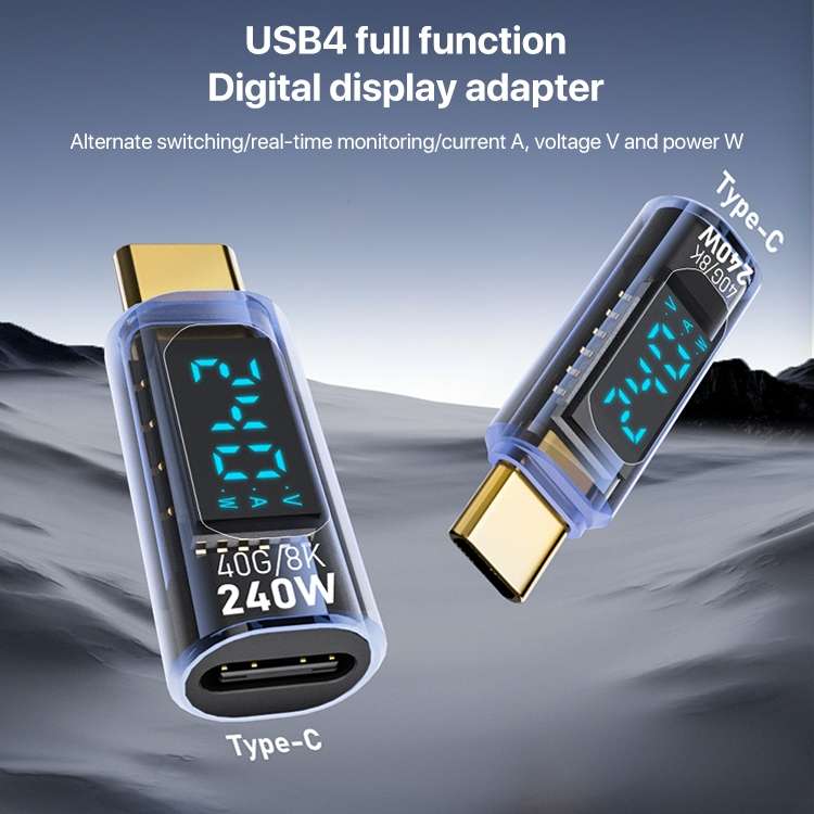 Type-C Male to Type-C Female 240W Full-featured Adapter with Digital Display(Transparent Blue)