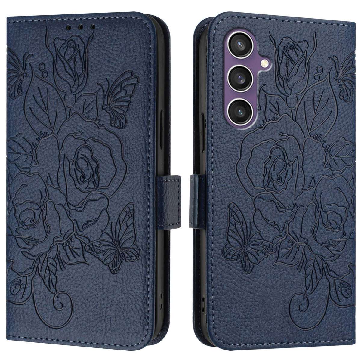 For Samsung Galaxy S23 FE 5G Embossed Rose RFID Anti-theft Leather Phone Case(Dark Blue)