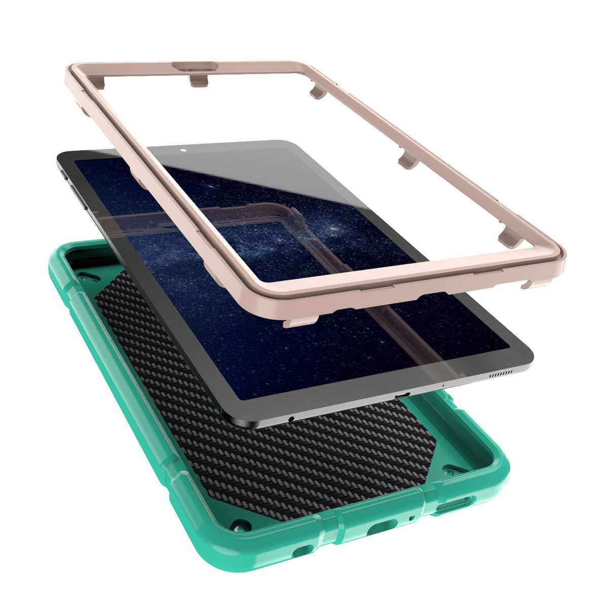 For Samsung Galaxy Tab A7 Lite Armor Holder Silicone Hybrid PC Tablet Case(Mint Green Gold)