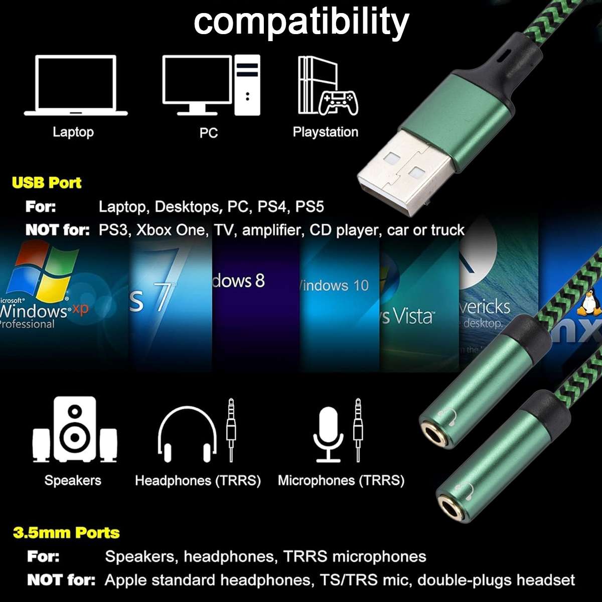 USB 2.0 to Dual 3.5mm Audio Adapter Cable, Length:2m(Green)