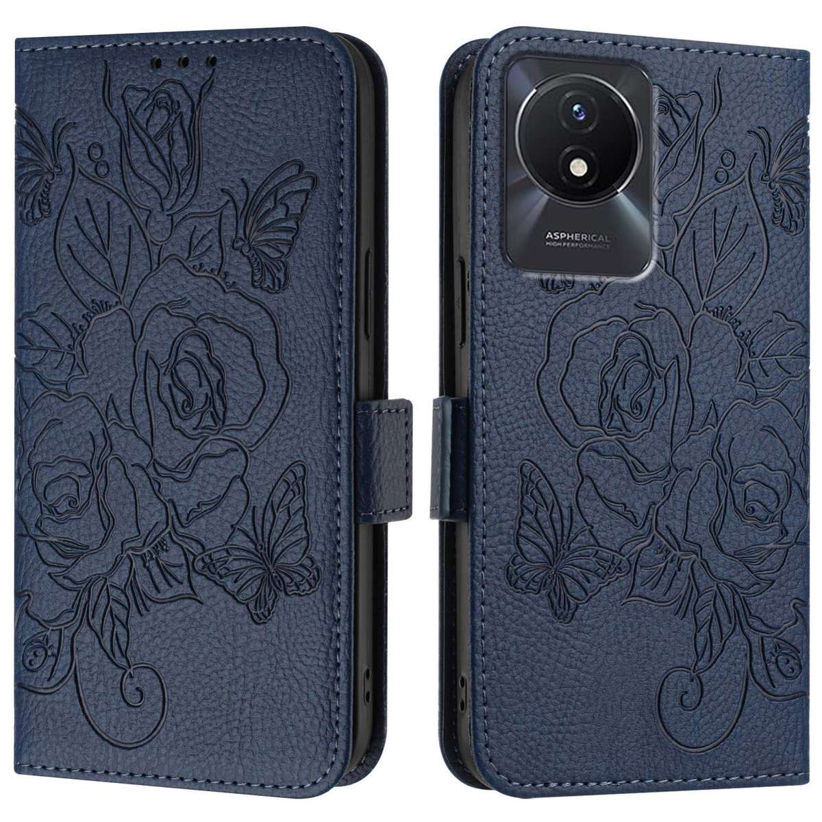 For vivo Y02 / Y02A / Y02t / Y11 2023 Embossed Rose RFID Anti-theft Leather Phone Case(Dark Blu