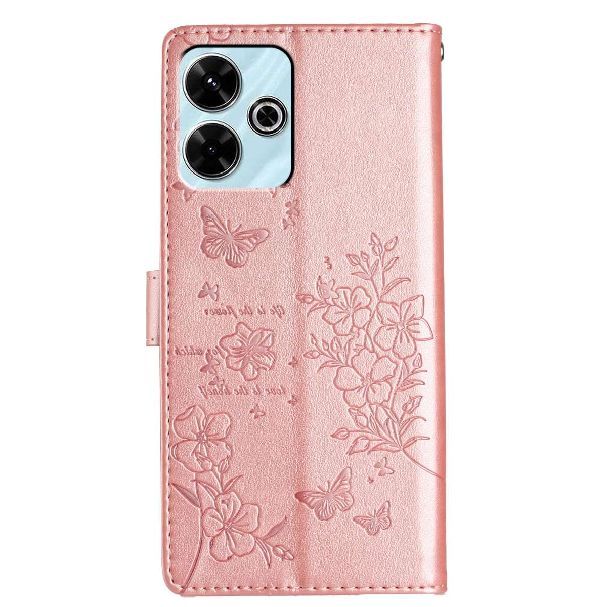 For Redmi 13 4G Butterflies and Flowers Leather Phone Case(Rose Gold)