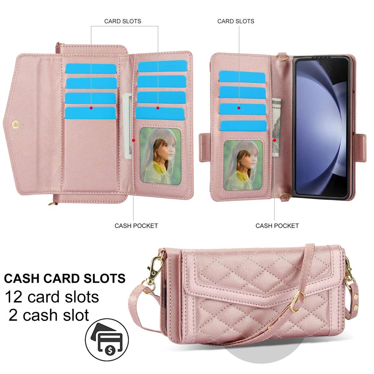 For Samsung Galaxy Z Fold5 Splicing Rhombic Texture Card Holder Phone Case with La ... (Rose Gold)