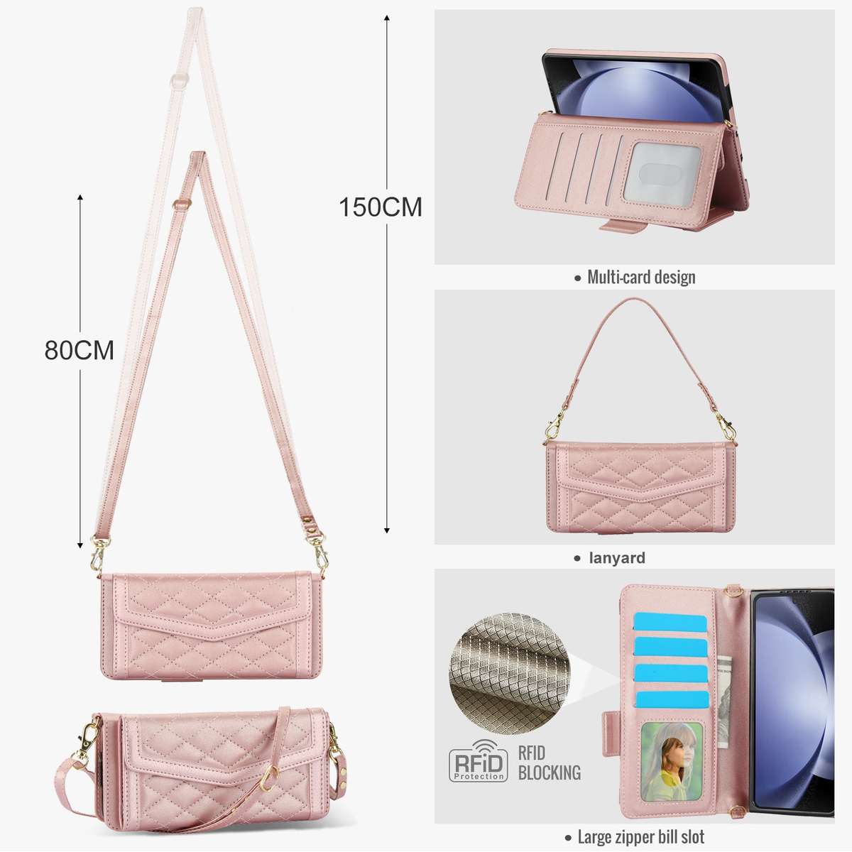 For Samsung Galaxy Z Fold5 Splicing Rhombic Texture Card Holder Phone Case with La ... (Rose Gold)