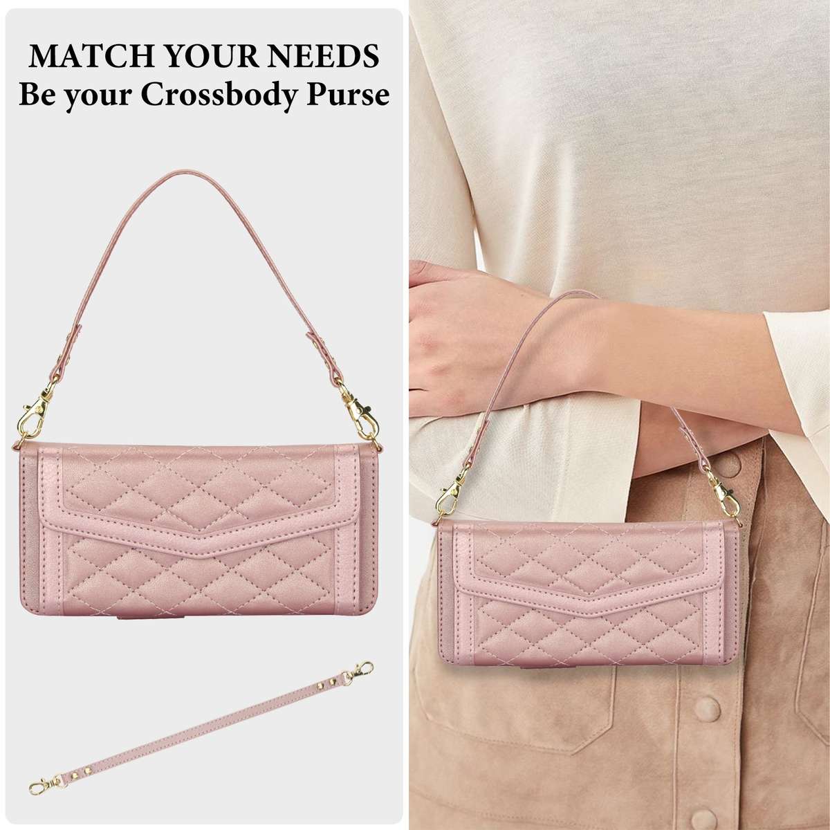 For Samsung Galaxy Z Fold5 Splicing Rhombic Texture Card Holder Phone Case with La ... (Rose Gold)