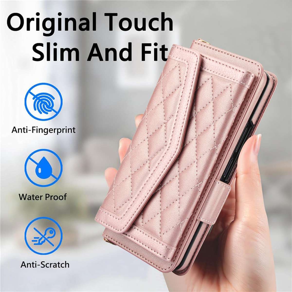For Samsung Galaxy Z Fold5 Splicing Rhombic Texture Card Holder Phone Case with La ... (Rose Gold)