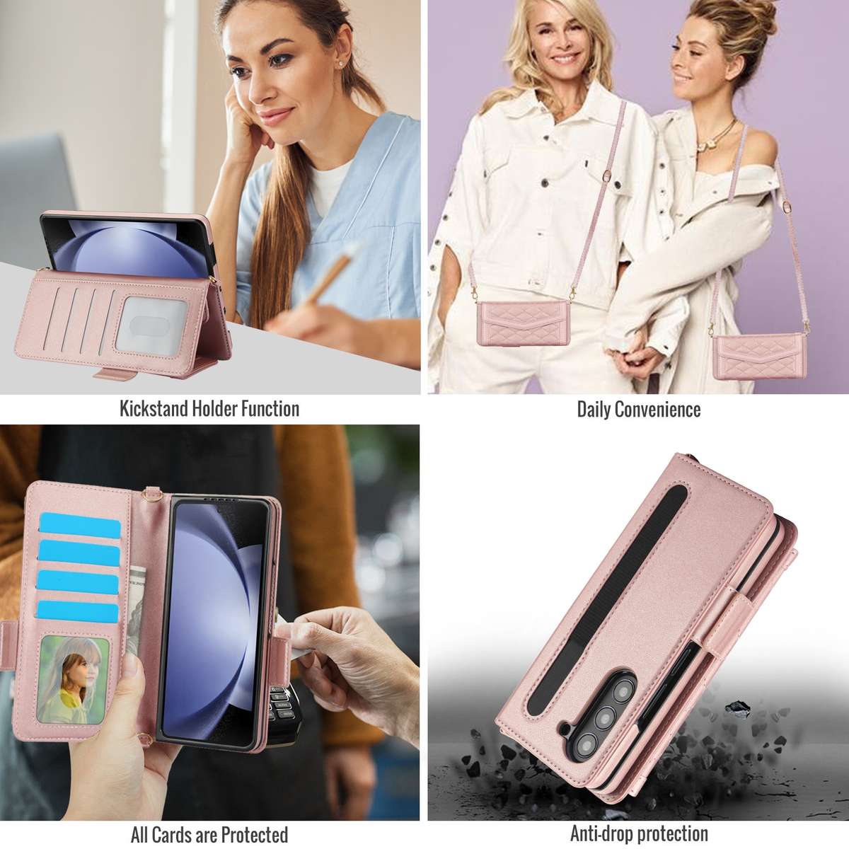 For Samsung Galaxy Z Fold5 Splicing Rhombic Texture Card Holder Phone Case with La ... (Rose Gold)