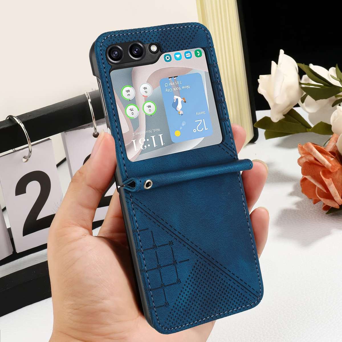 For Samsung Galaxy Z Flip6 / Flip7 FE YX0080 Grid Butterfly Embossed Pattern Flip ... (Dark Blue)