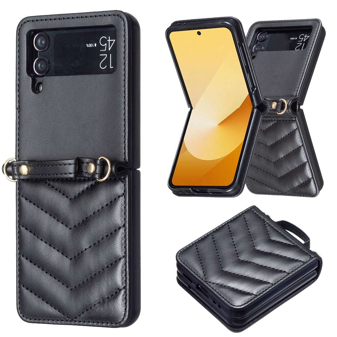 For Samsung Galaxy Z Flip4 Wave-shaped Crossbody Lanyard Leather Phone Case(Black)