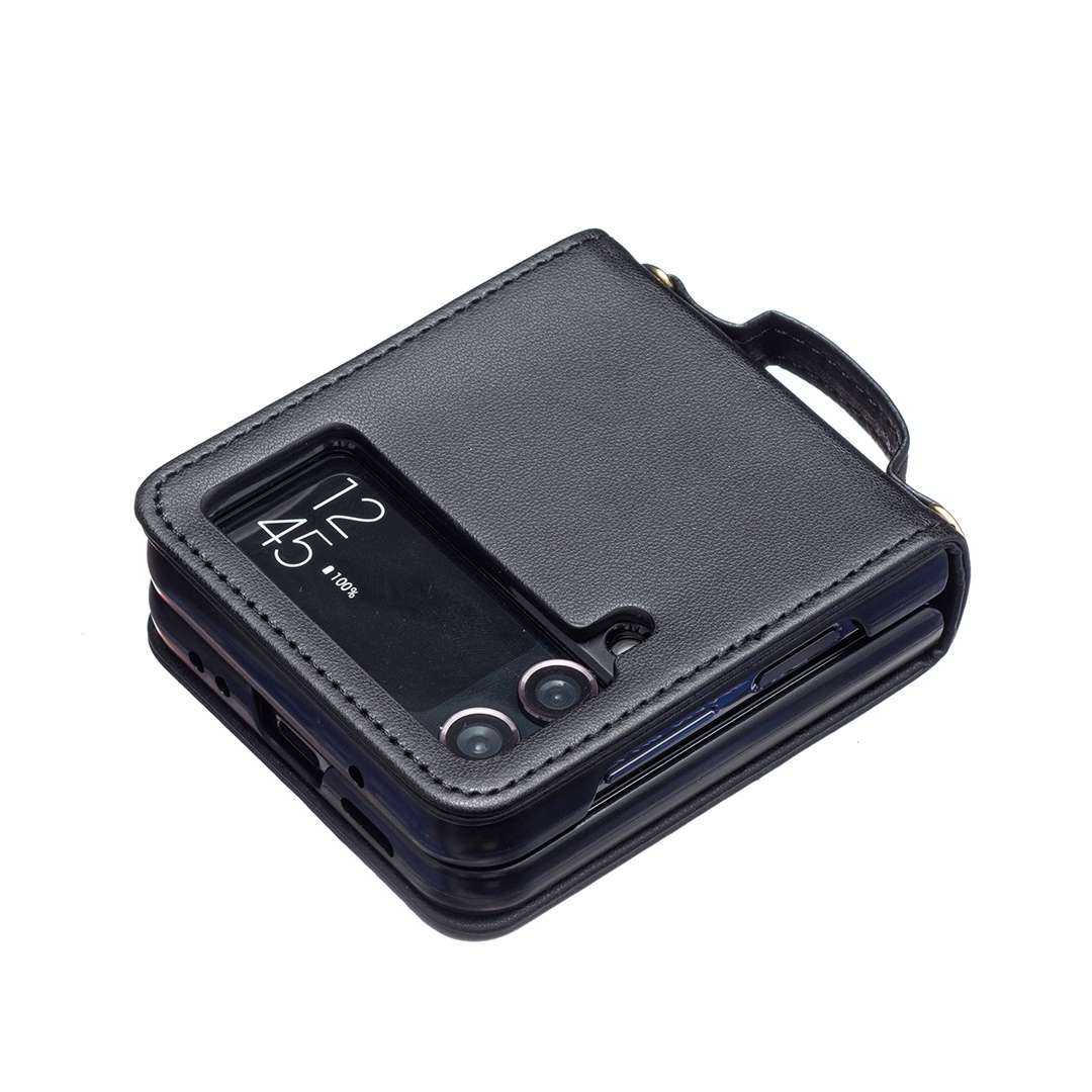 For Samsung Galaxy Z Flip4 Wave-shaped Crossbody Lanyard Leather Phone Case(Black)