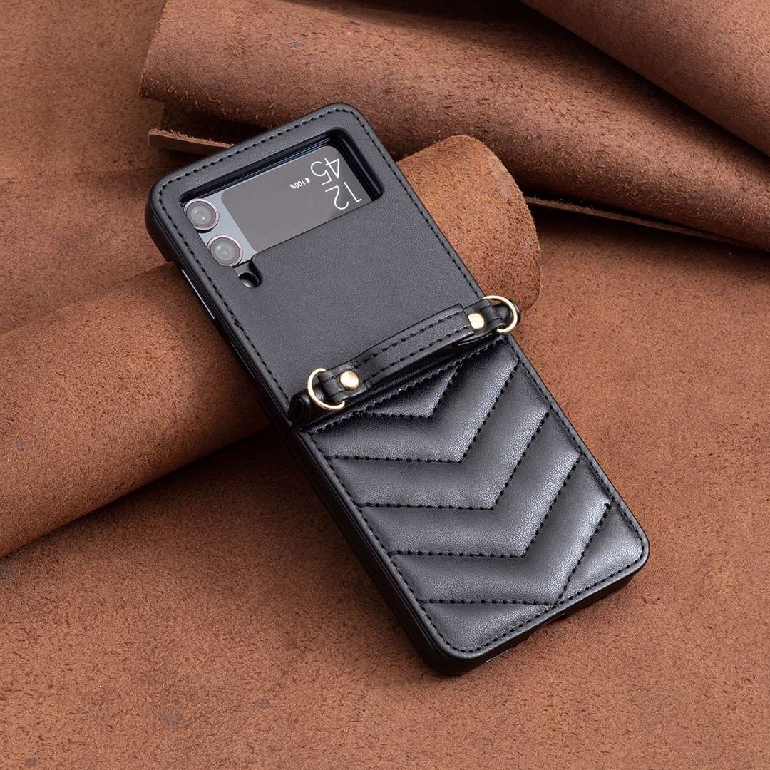 For Samsung Galaxy Z Flip4 Wave-shaped Crossbody Lanyard Leather Phone Case(Black)