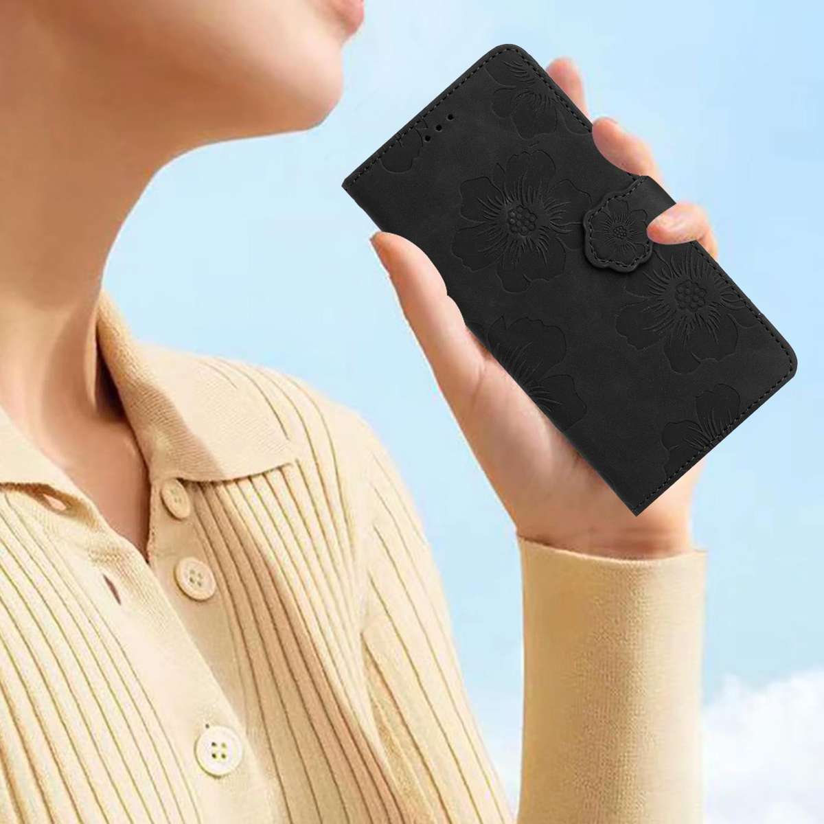For Redmi K90/Poco F8 Pro Flower Embossing Pattern Leather Phone Case(Black)