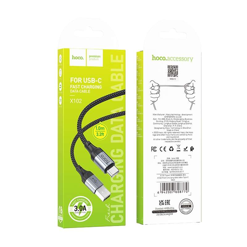 hoco X102 USB to USB-C / Type-C Fresh 3A Charging Data Cable, Length:1m(Black)