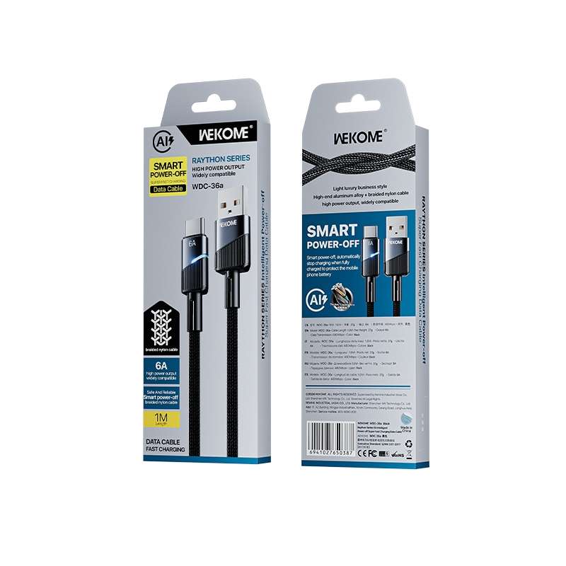 WK WDC-36a Intelligent Power-off 1m 6A USB to Type-C Fast Charging Data Cable(Black)