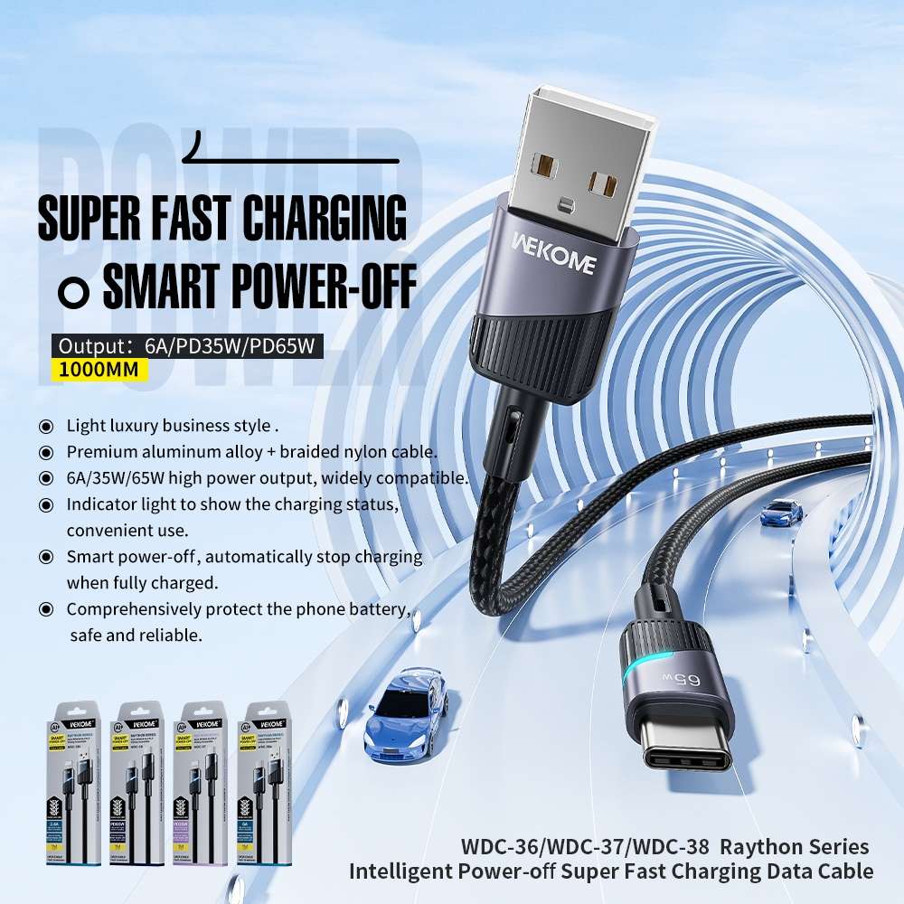 WK WDC-38 Intelligent Power-off 1m PD65W Type-C to Type-C Fast Charging Data Cable(Black)