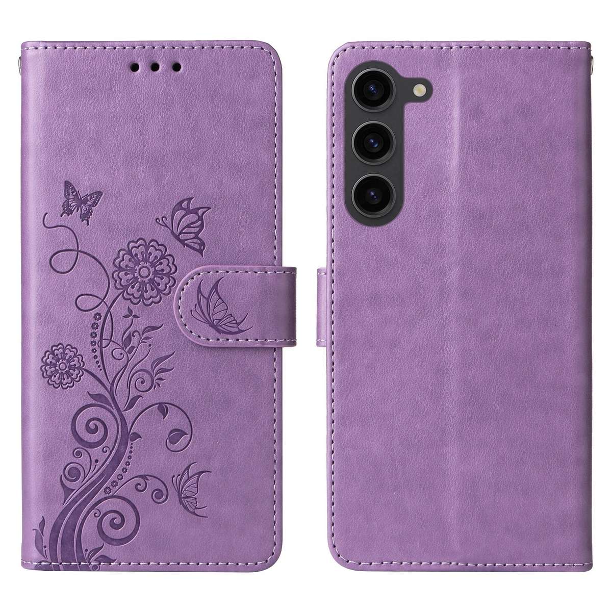 For Samsung Galaxy S23 5G Embossed Butterfly Flowers Leather Phone Case(Purple)