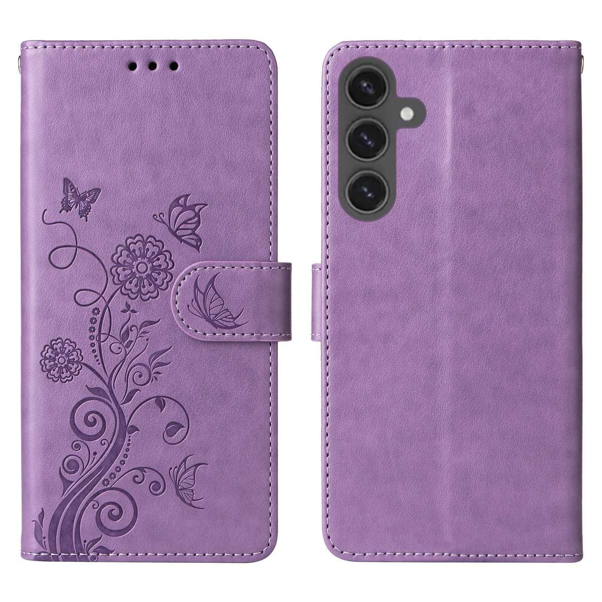 For Samsung Galaxy S23 FE 5G Embossed Butterfly Flowers Leather Phone Case(Purple)