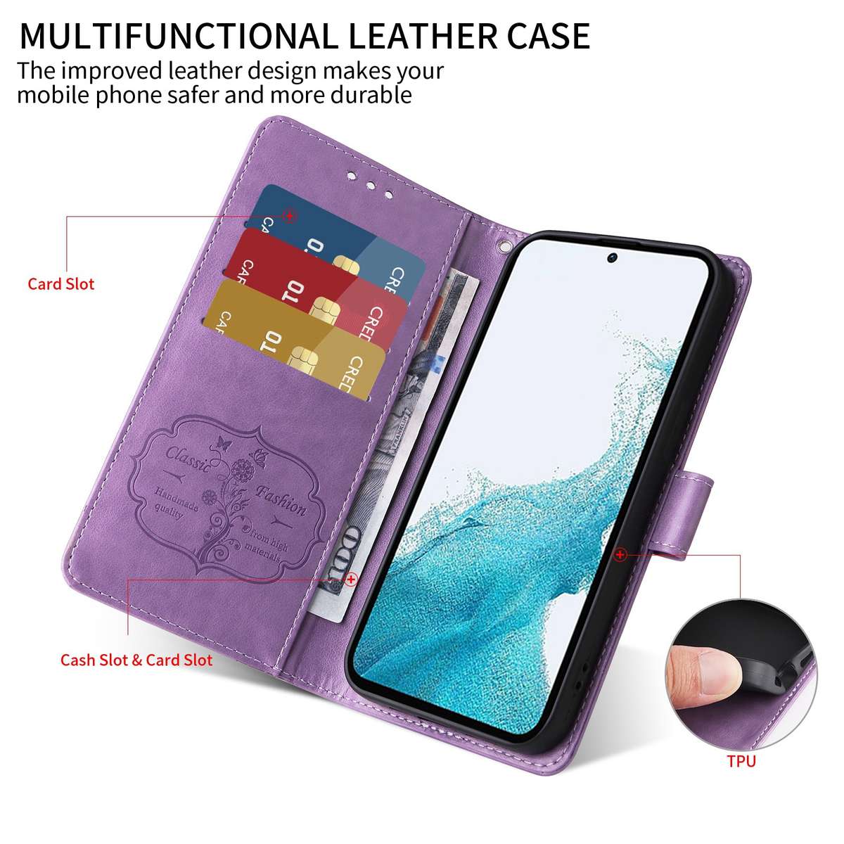 For Samsung Galaxy S23 FE 5G Embossed Butterfly Flowers Leather Phone Case(Purple)