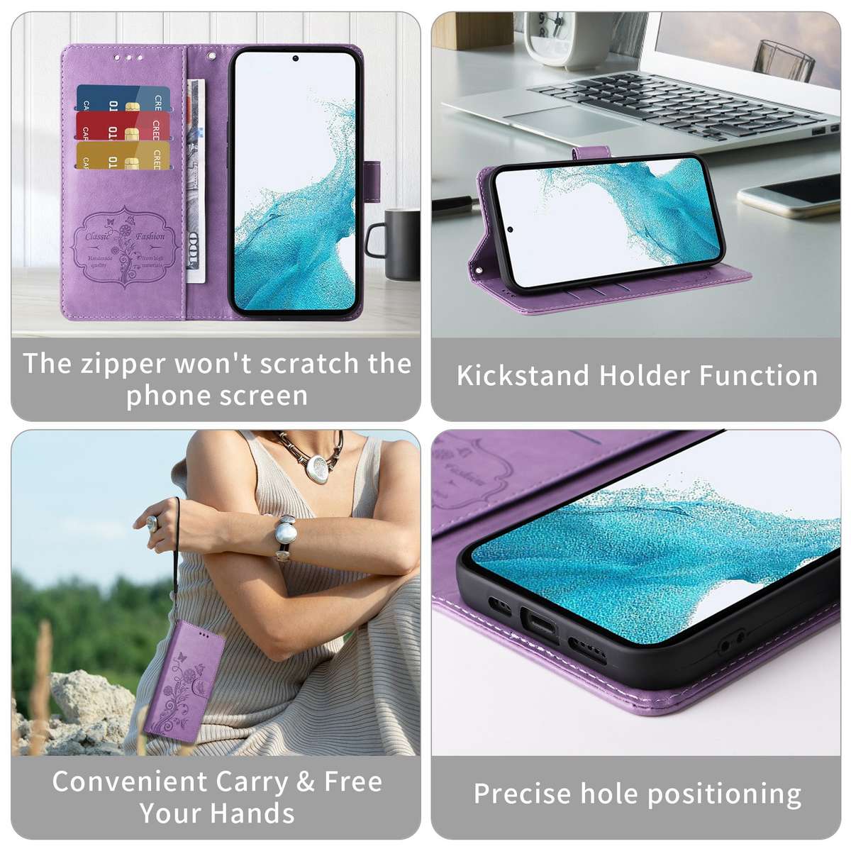 For Samsung Galaxy S23 FE 5G Embossed Butterfly Flowers Leather Phone Case(Purple)