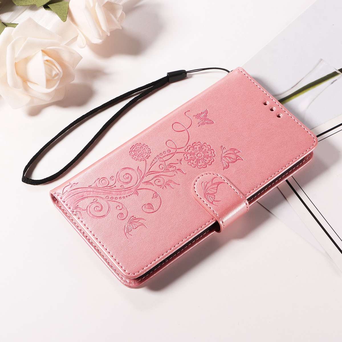 For Samsung Galaxy S22 5G Embossed Butterfly Flowers Leather Phone Case(Rose Gold)