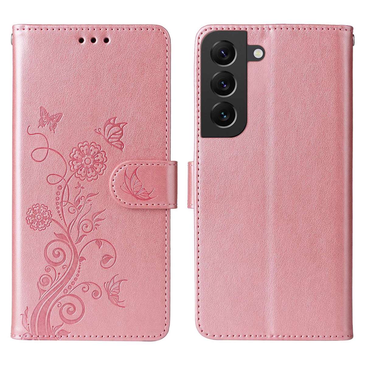 For Samsung Galaxy S22 5G Embossed Butterfly Flowers Leather Phone Case(Rose Gold)