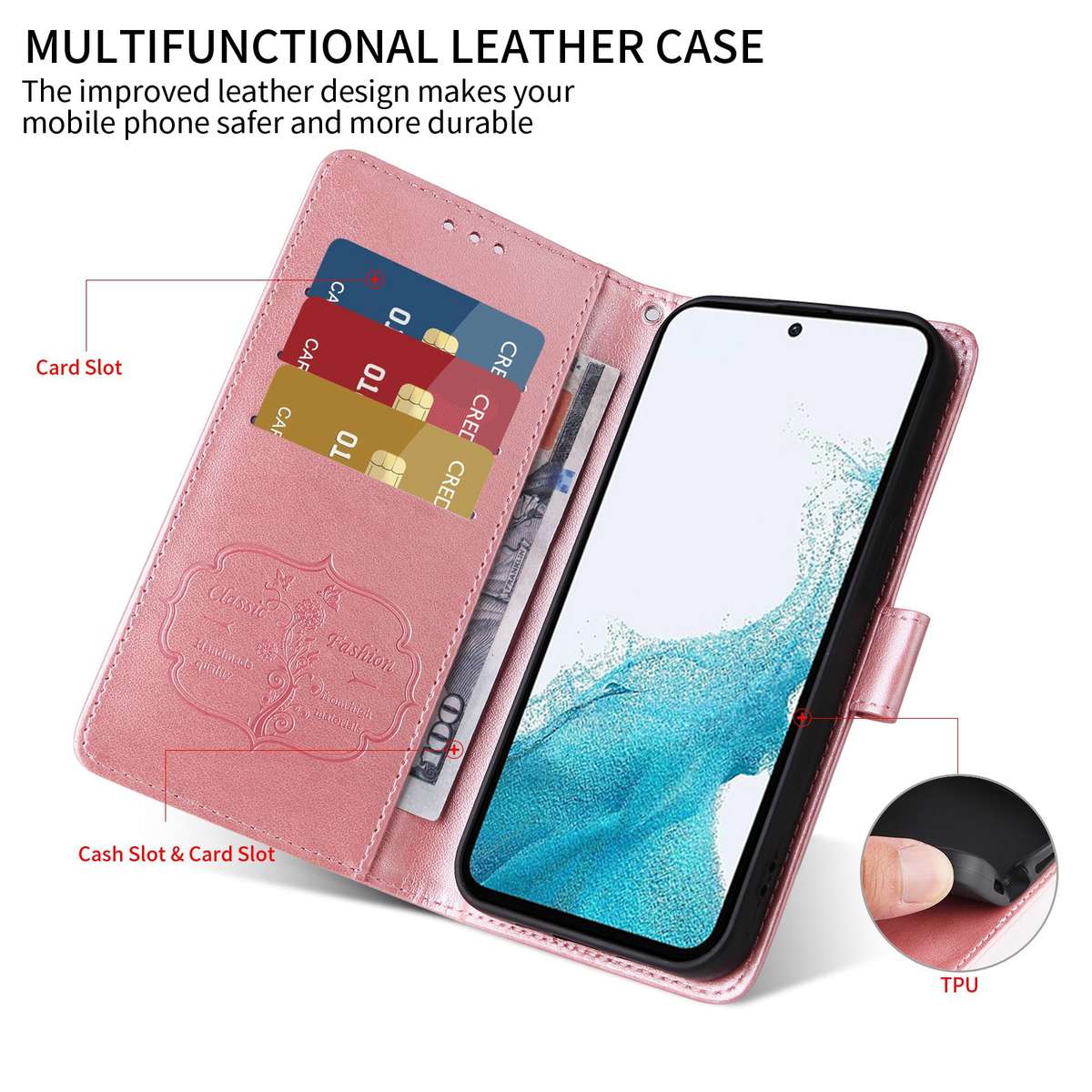 For Samsung Galaxy S22 5G Embossed Butterfly Flowers Leather Phone Case(Rose Gold)