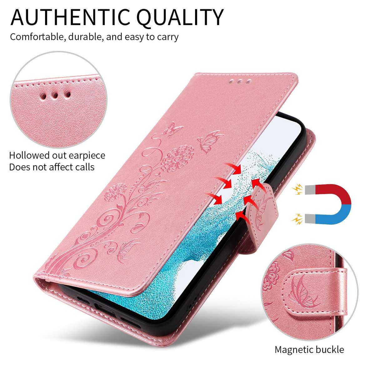 For Samsung Galaxy S22 5G Embossed Butterfly Flowers Leather Phone Case(Rose Gold)