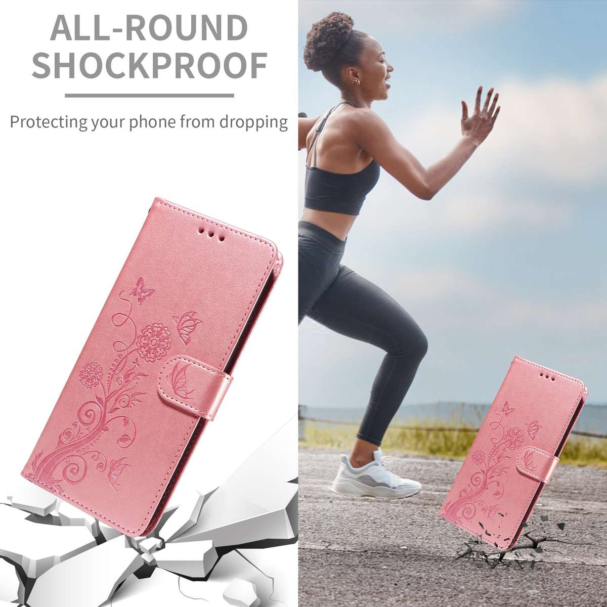 For Samsung Galaxy S22 5G Embossed Butterfly Flowers Leather Phone Case(Rose Gold)