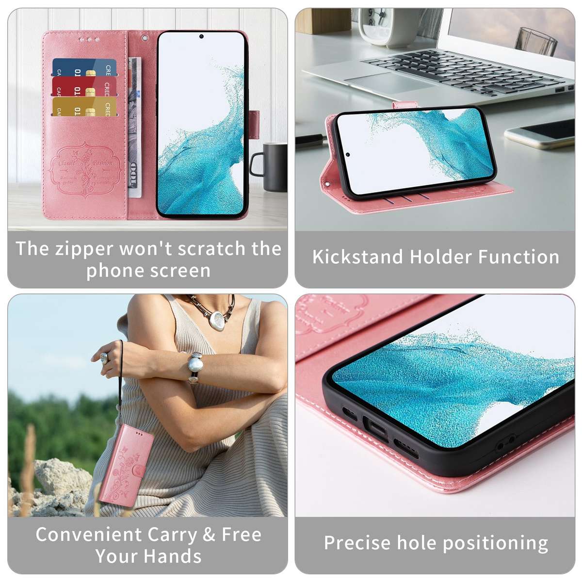 For Samsung Galaxy S22 5G Embossed Butterfly Flowers Leather Phone Case(Rose Gold)