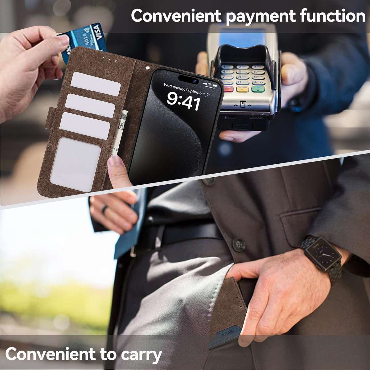 For Redmi Note 14 4G 164.84mm ABEEL Color Block Magnetic RFID Leather Phone Case(Brown-Blue)