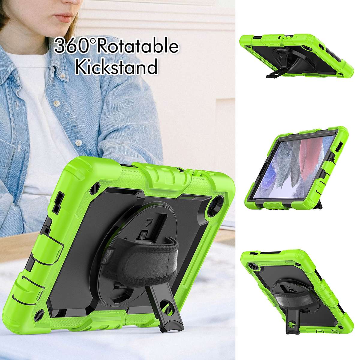 For Samsung Galaxy Tab A7 Lite T220 Silicone Hybrid PC Tablet Case with ... (Black + Yellow Green)