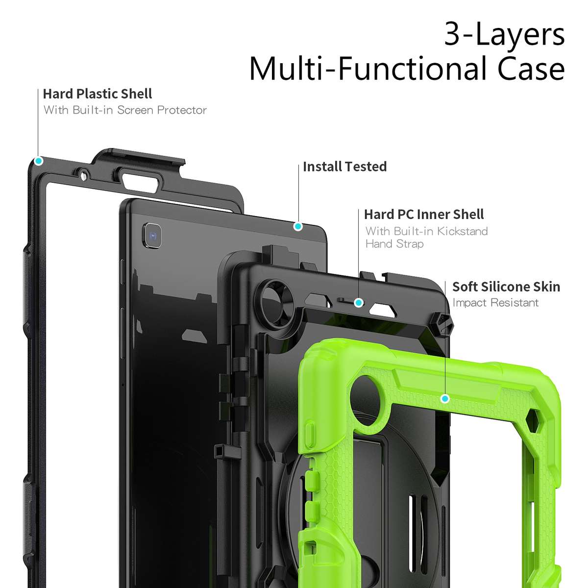 For Samsung Galaxy Tab A7 Lite T220 Silicone Hybrid PC Tablet Case with ... (Black + Yellow Green)