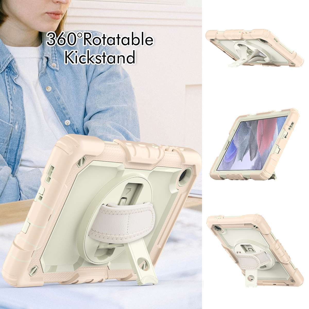 For Samsung Galaxy Tab A7 Lite T220 Silicone Hybrid PC Tablet Case with Sh ... (Beige + Rose Gold)