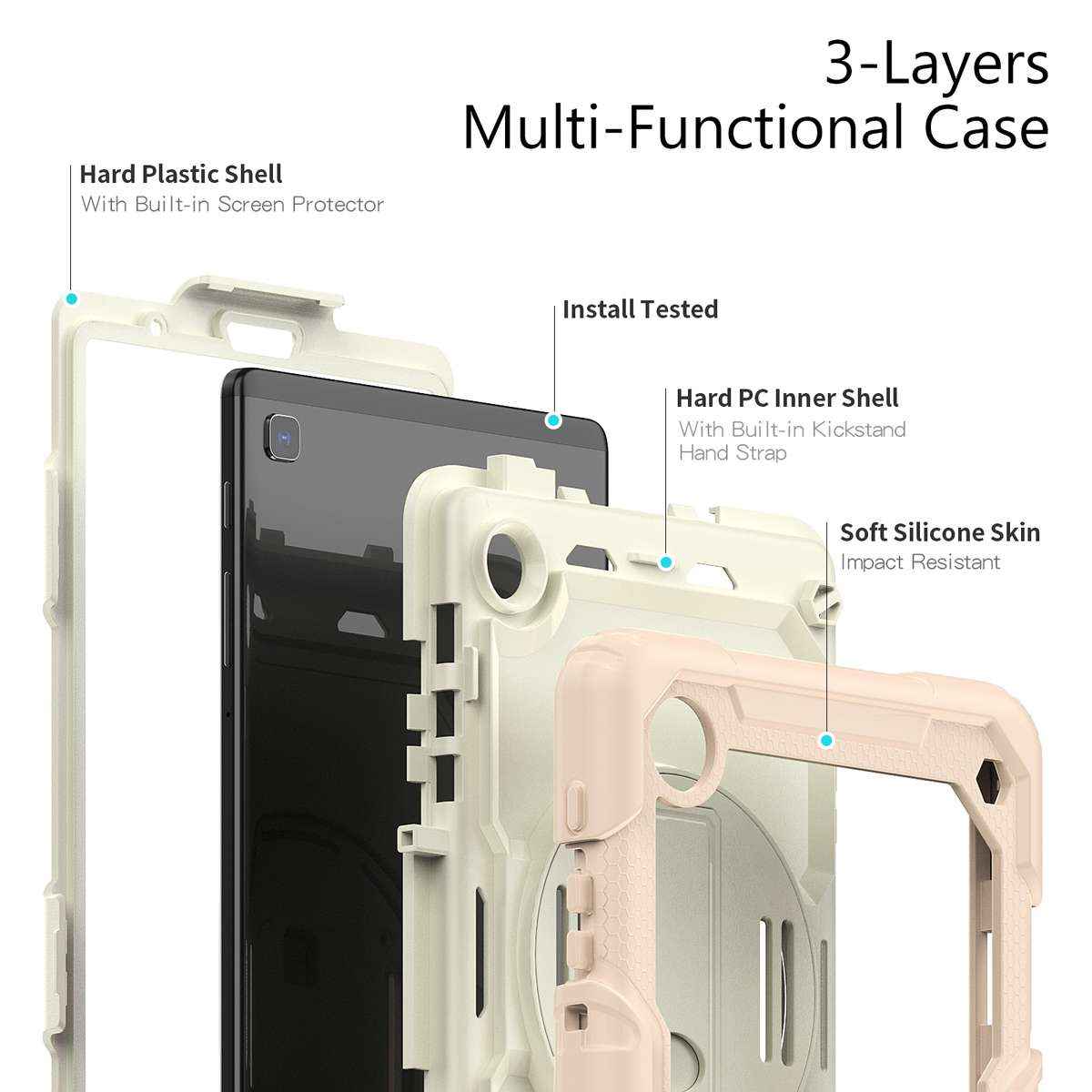 For Samsung Galaxy Tab A7 Lite T220 Silicone Hybrid PC Tablet Case with Sh ... (Beige + Rose Gold)