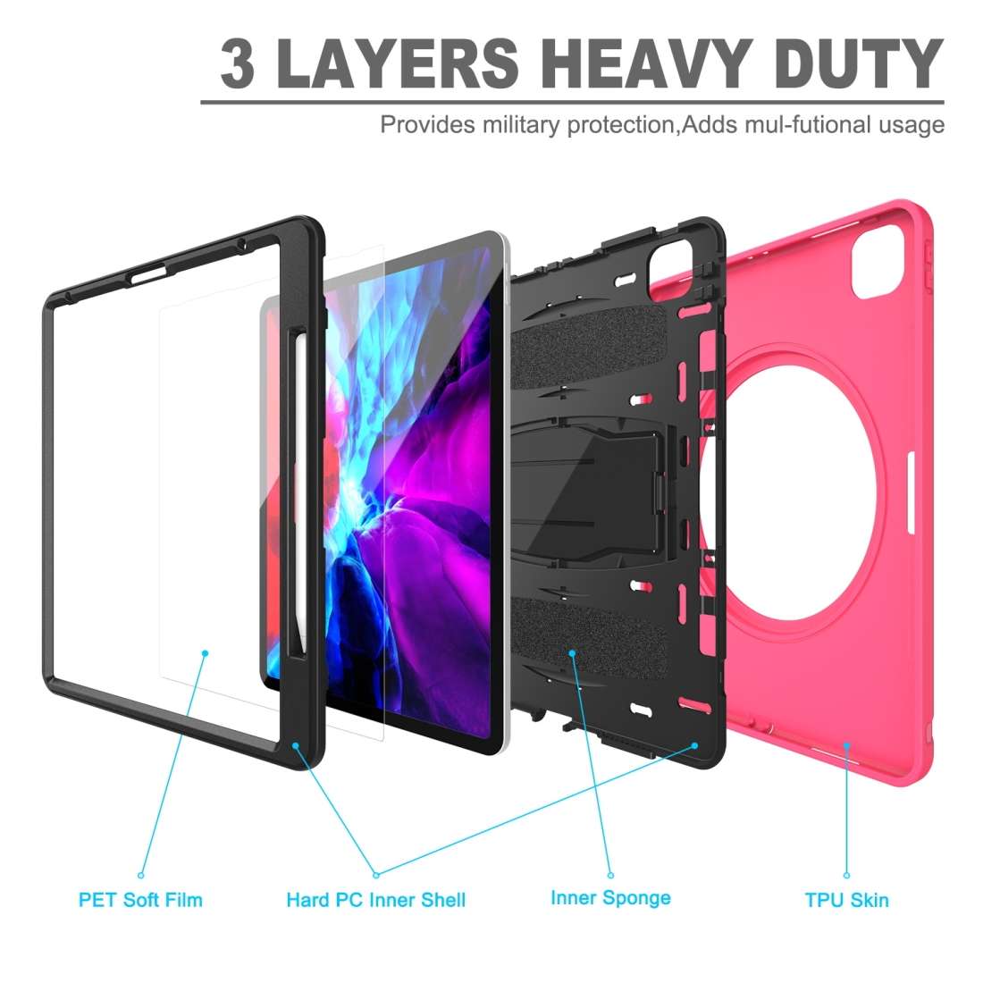 For iPad Pro 12.9 inch (2020) 360 Degree Rotation PC+TPU Protective Cover with Hold ... (Rose Red)