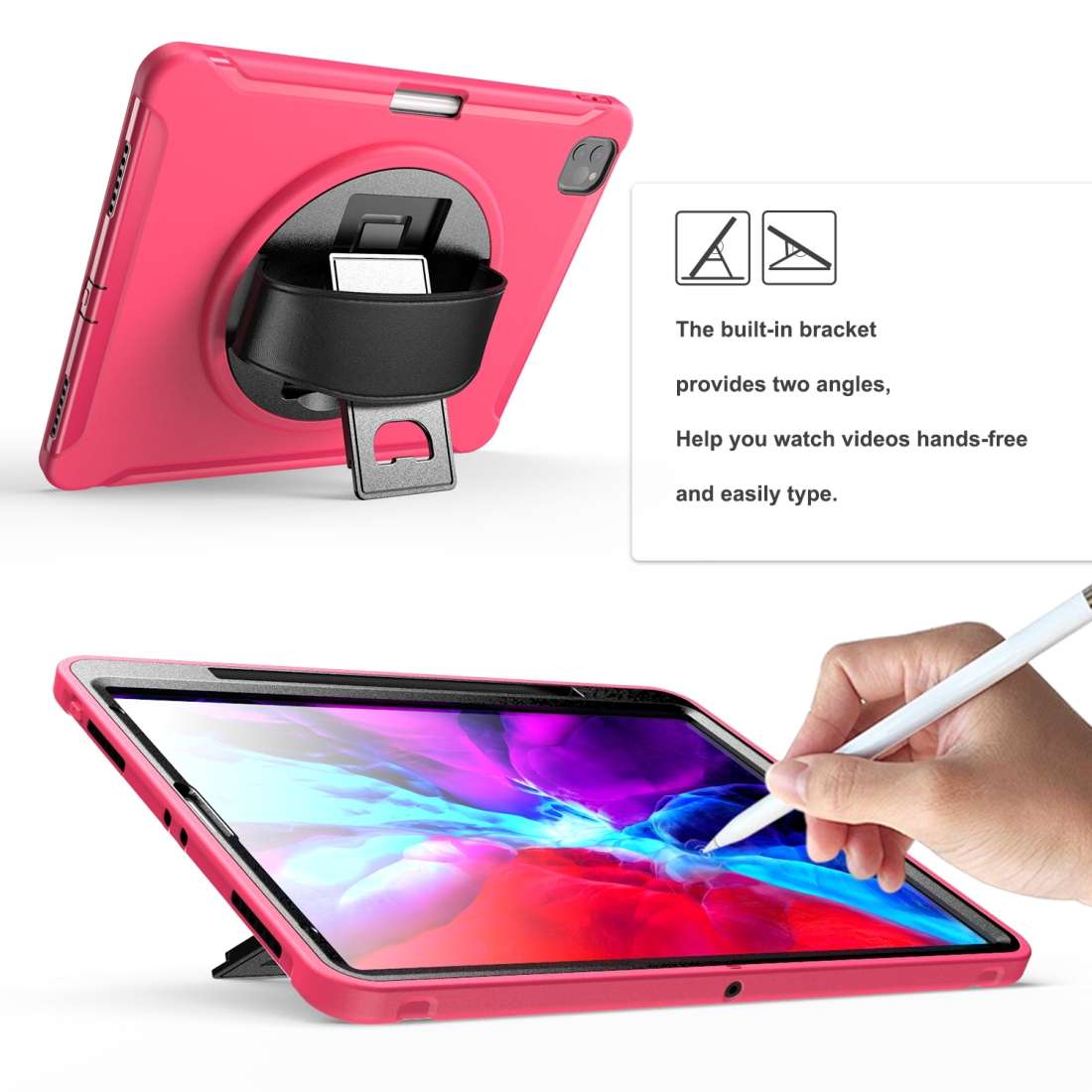 For iPad Pro 12.9 inch (2020) 360 Degree Rotation PC+TPU Protective Cover with Hold ... (Rose Red)