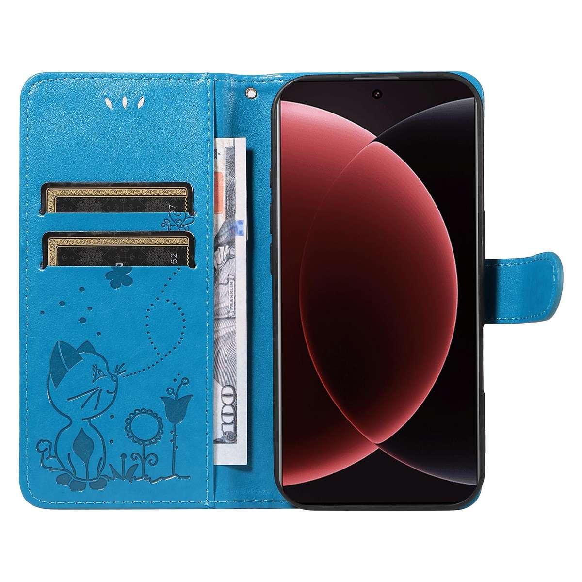 For Xiaomi 15 Ultra 5G Global Cat and Bee Embossed Flip Leather Phone Case(Blue)