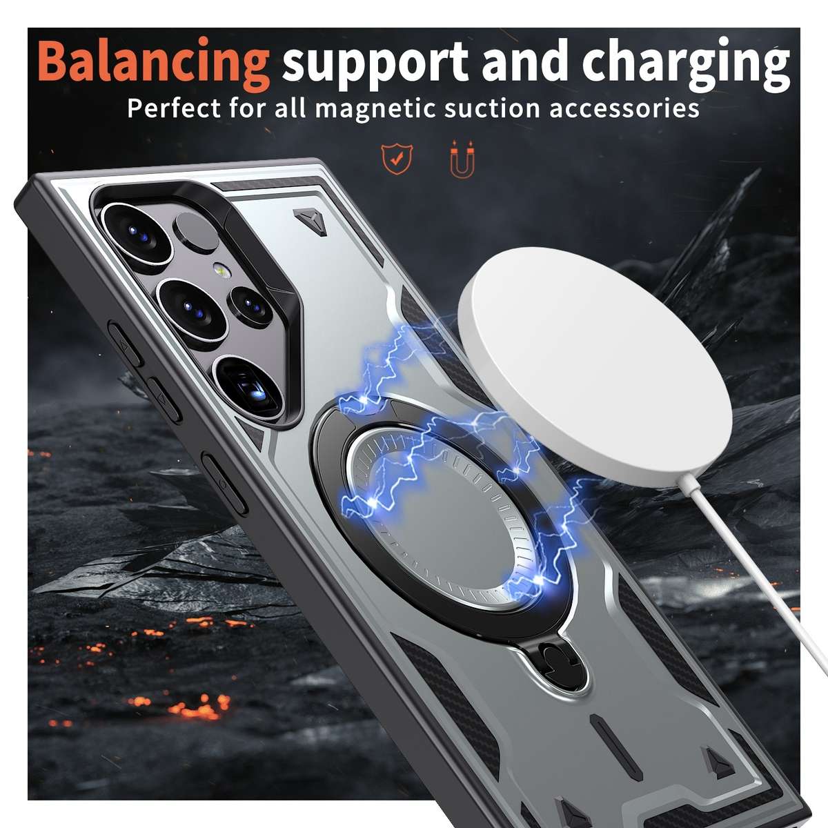 For Samsung Galaxy S24 Ultra 5G PC Hybrid TPU Armor MagSafe Ring Holder Phone Case(Grey)