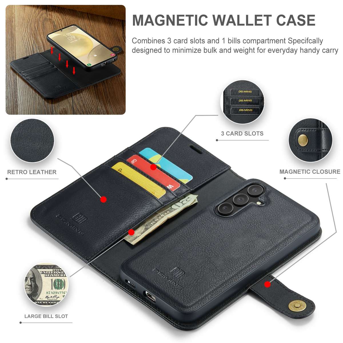 For Samsung Galaxy S24 FE 5G DG.MING Crazy Horse Texture Detachable Magnetic Leather Case(Black)
