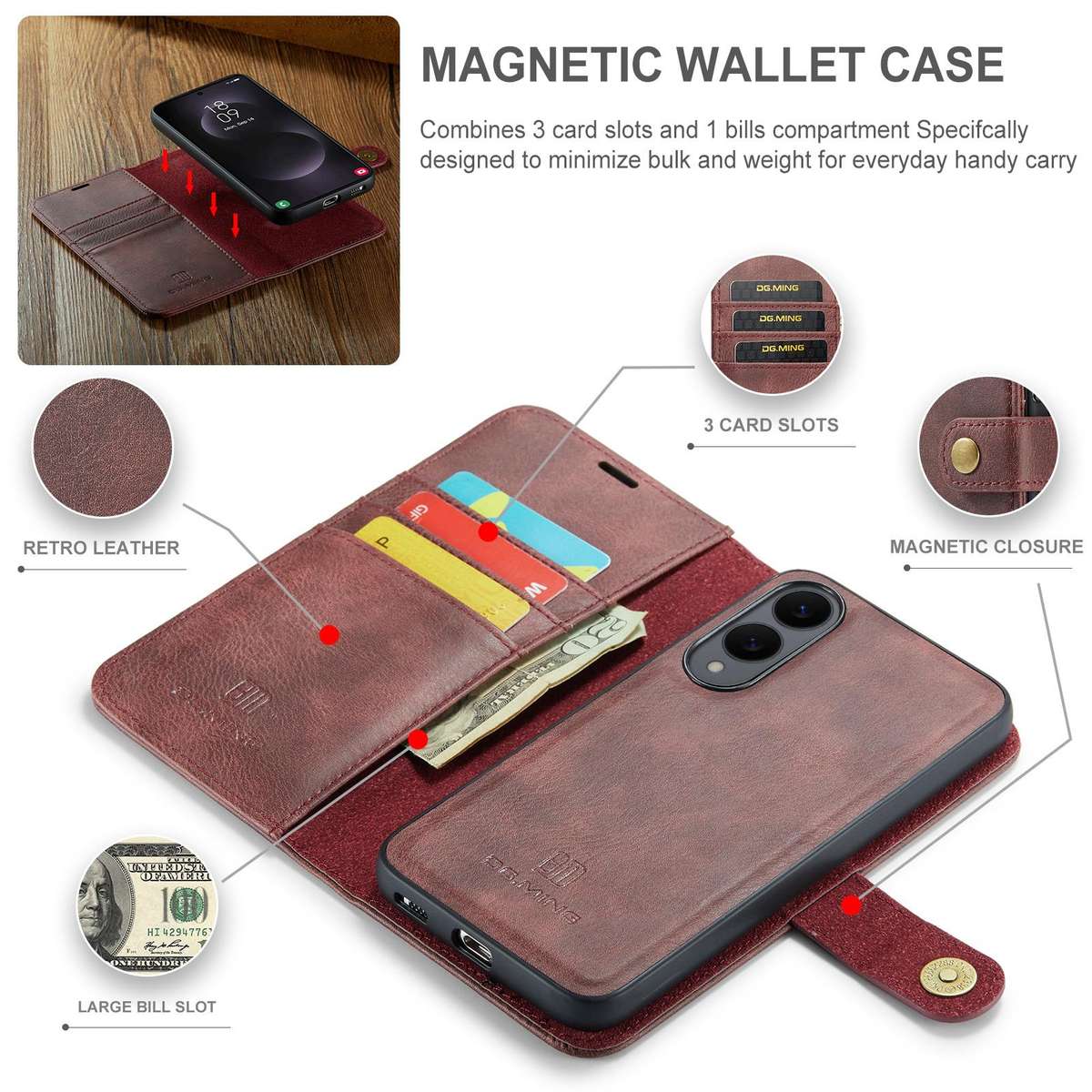 For Samsung Galaxy S25 Edge 5G DG.MING Crazy Horse Texture Detachable Magnetic Leather Case(Red)